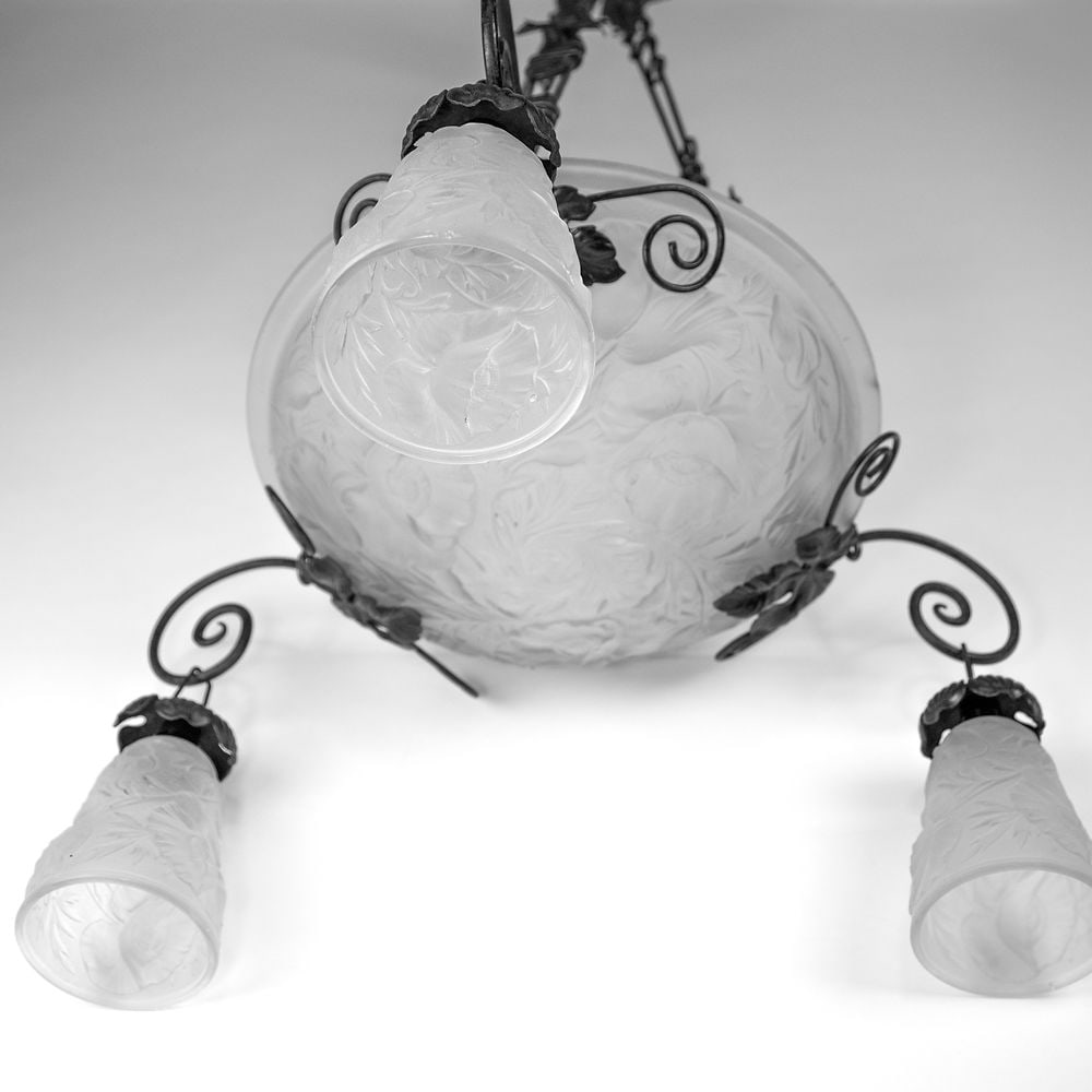 FRENCH ART DECO CHANDELIER MOLDED Molded GLASS CUBIST MULLER Poppy Motive - 5