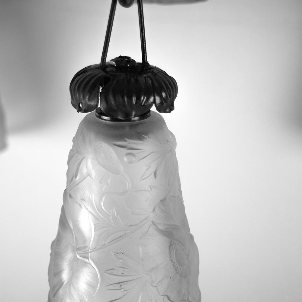 FRENCH ART DECO CHANDELIER MOLDED Molded GLASS CUBIST MULLER Poppy Motive - 7