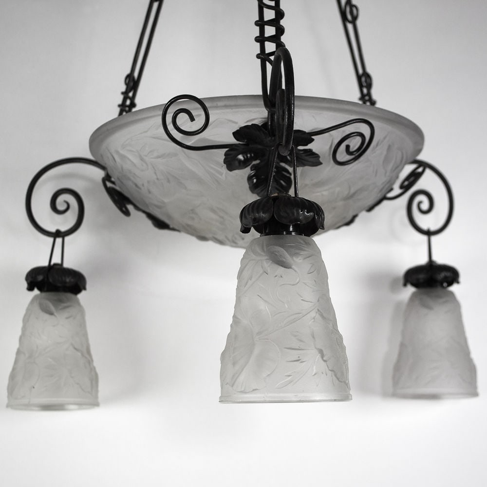 FRENCH ART DECO CHANDELIER MOLDED Molded GLASS CUBIST MULLER Poppy Motive - 8
