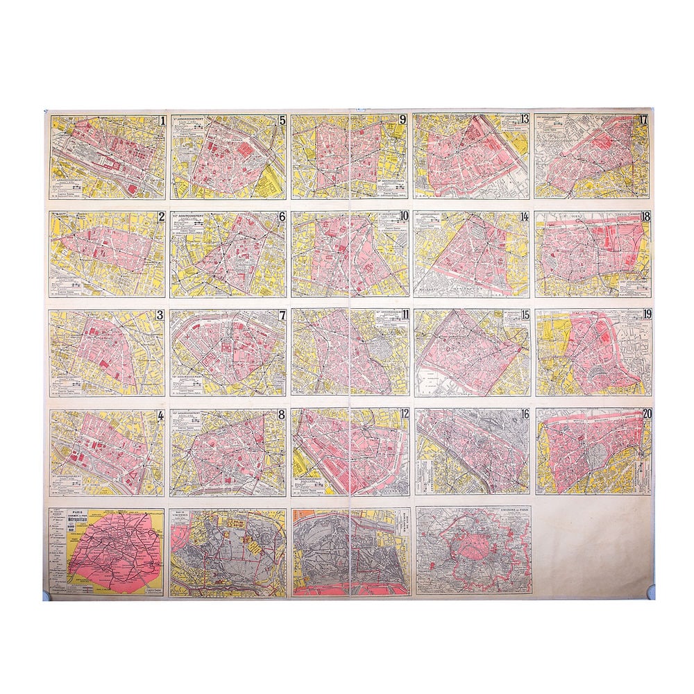 Large Paris arrondisements map with numbered lines 1920 Tarride linen backing: Large Paris twenty arrondissements map edited by Tarride circa 1920 , The Taride publishing house was created in 1852 by Alphonse Taride who was one of the first to make road, tourist and school maps 