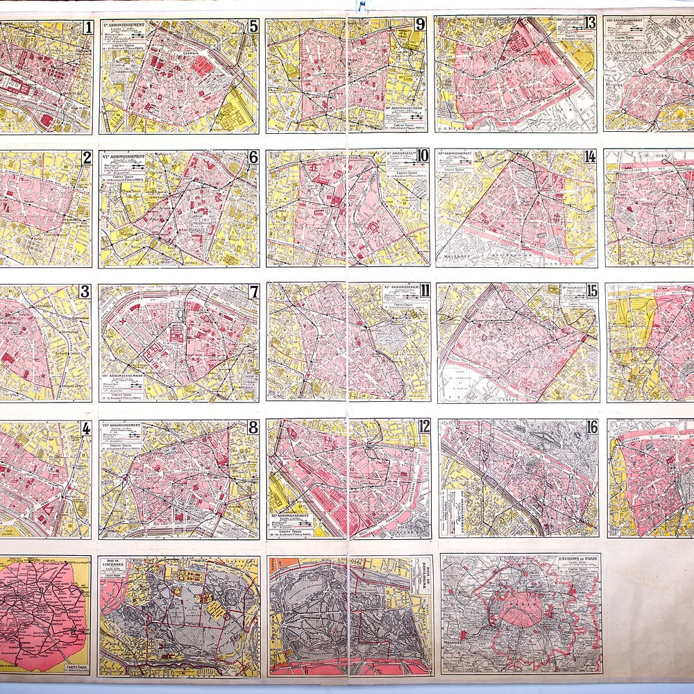 Large Paris arrondisements map with numbered lines 1920 Tarride linen backing - 2