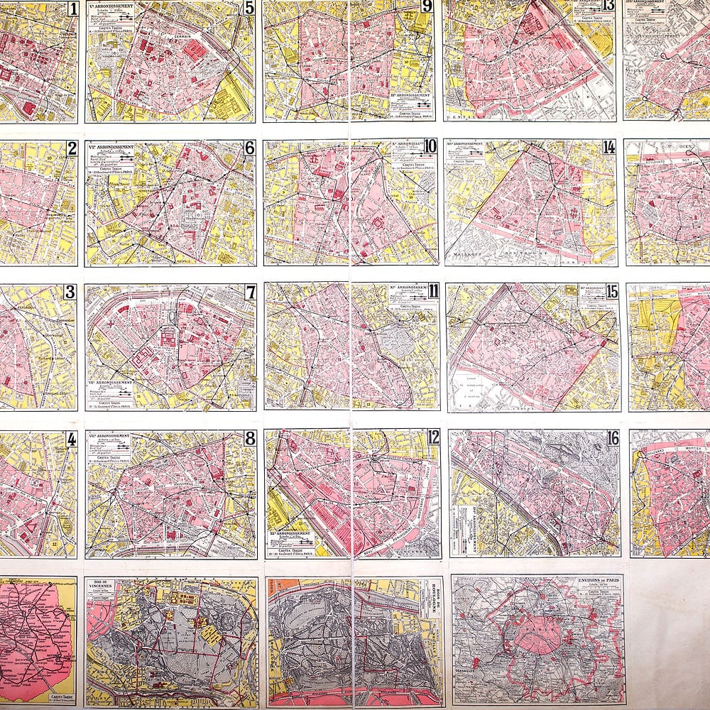Large Paris arrondisements map with numbered lines 1920 Tarride linen backing - 3