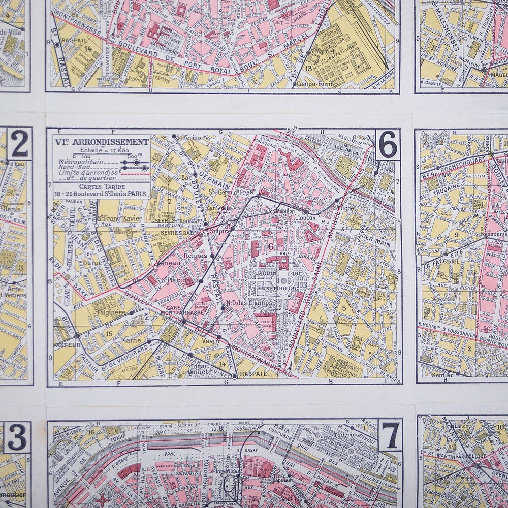 Large Paris arrondisements map with numbered lines 1920 Tarride linen backing - 4