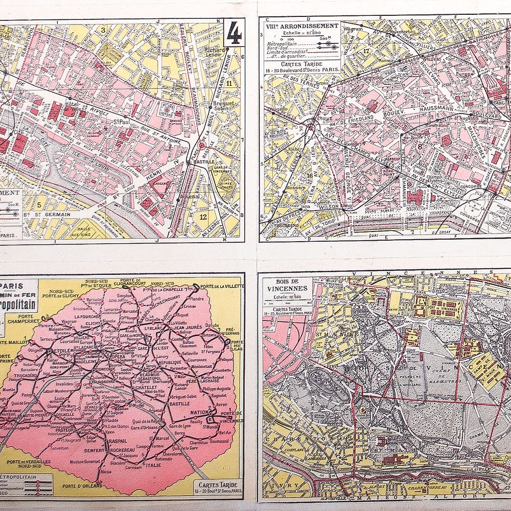 Large Paris arrondisements map with numbered lines 1920 Tarride linen backing - 5