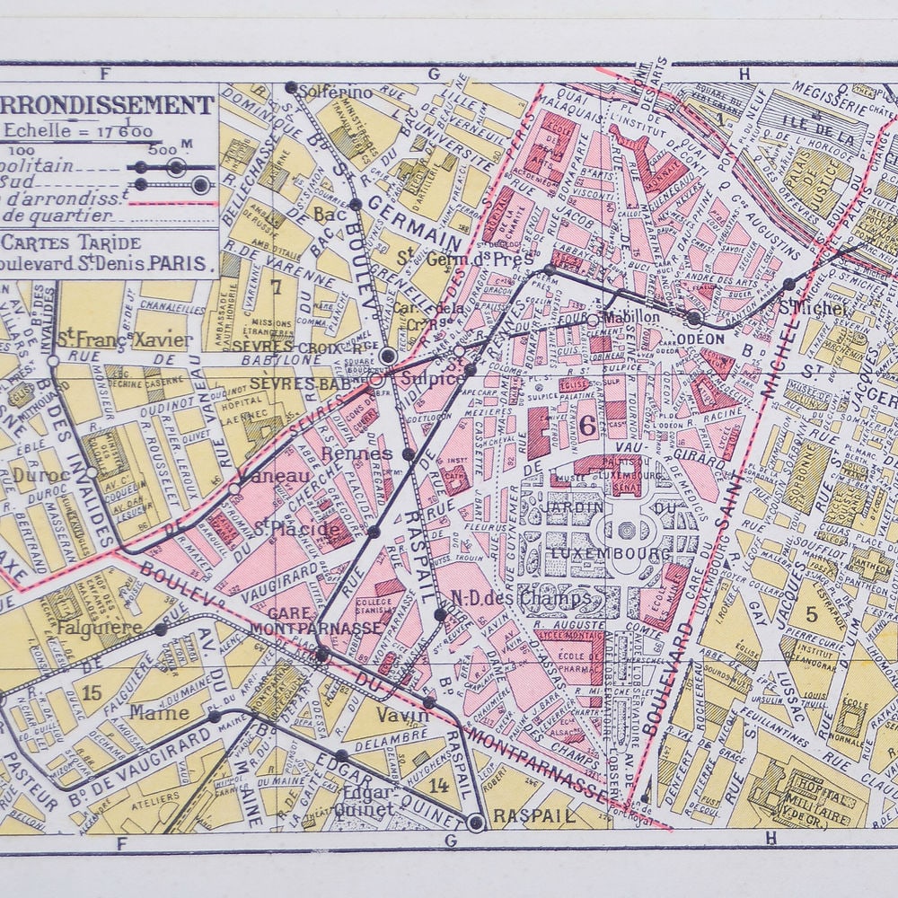 Large Paris arrondisements map with numbered lines 1920 Tarride linen backing - 6