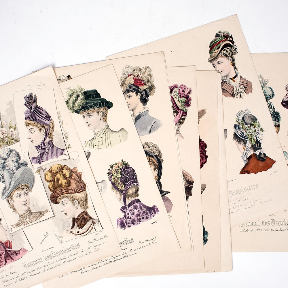 Poster 19th french lithogravure of fashion advertisement 1865 early magazine: Lithograph, avertisement catalogue of the 1865 fashion in France , which was at the time the cultural center of elegance and art of Europe .During the Second Empire, the most important stores multipli