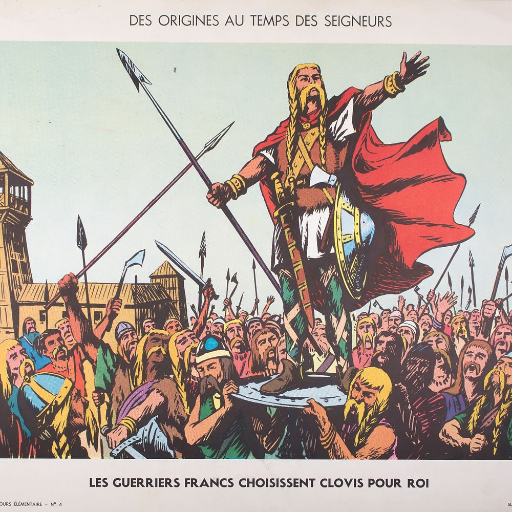 Vintage History French School Poster, Sudel , plate 4 and 8 double si: Original educational history poster for elementary school, printed by the Imprimerie Georges Lang. Carries a vibrant offset print on both sides of the paper. This features No.4 and 8 from the Tableaux
