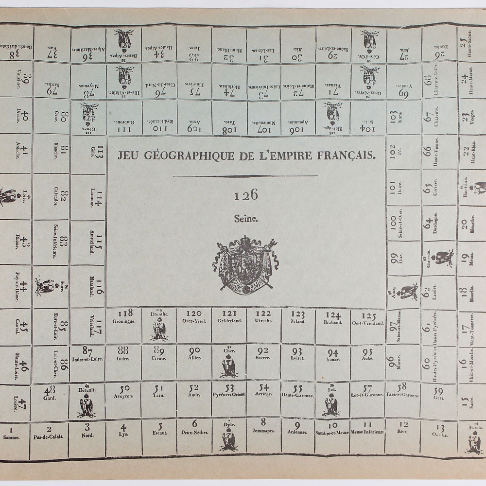 French Jeu de L'oie/ Goose game 1800 French Empire: The Game of the Goose or Goose game is a board game where two or more players move pieces around a track by rolling one or two dice. The aim of the game is to reach square number sixty-three before an