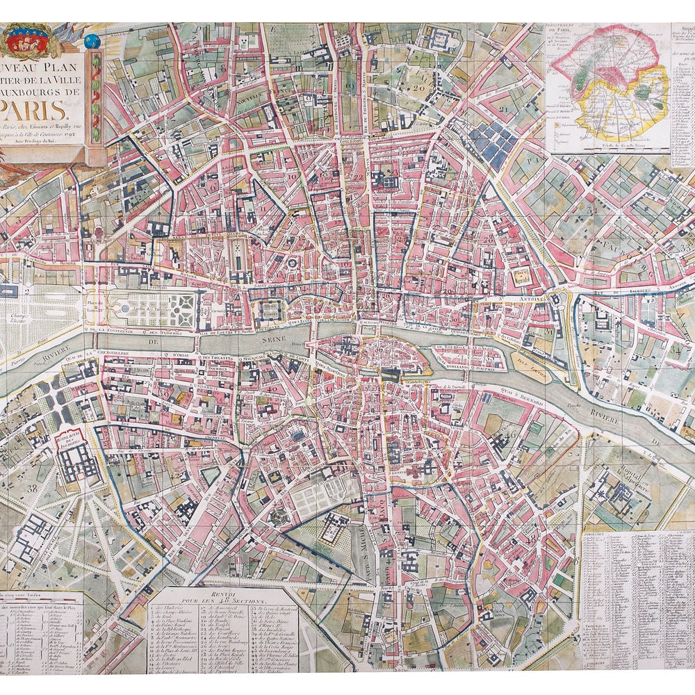 French map 1792 Esnauts et Rapilly Nouveau plan de Paris et ses faubourg: Large French map of Paris circa 1792 edited by Esnauts & Rapilly, Nouveau plan routier de Paris et ses fauxbourg , New street plan of of Paris and its borough .; Rapelly began publishing prints in 177