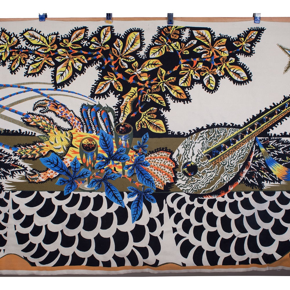 FRENCH silkscreen TAPESTRY JEAN Lurcat MODERNIST AUBUSSON La Table# 2: Made in France in the 1950 this cotton tapestry reflect the democratic desire of that time to produce affordable art . Neo fantastic and influenced by art nouveau movement Lurcat tapestry use the voca
