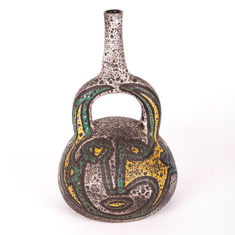 Mid-Century French Pottery ACCOLAY Ceramic stirrups vase: Interesting large mid-century pottery from France. In Accolay, a group of artists, similar to the Vallauris group made famous by Picasso were experimenting to produce artistic pieces for everyday