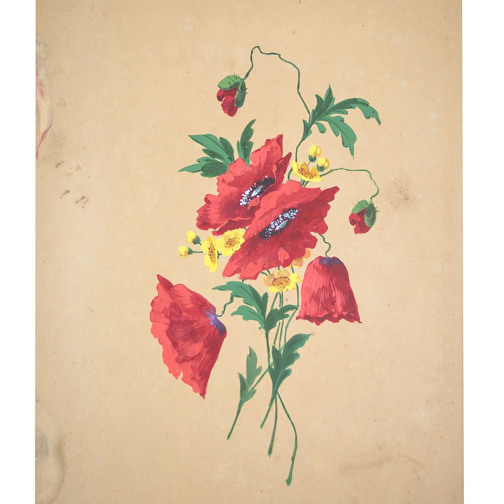 FRENCH aquarellist painting of flowering poppies Henri Adam 1890: Made in France during the 1890's this drawing is aquarelle original rendering of flowering poppies created by Henri Adam (1864 – 1917),Henri ADAM studied with Philippe Zacharie at the Fine Arts 