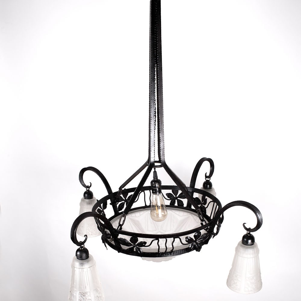 FRENCH Art-Deco Chandelier Degue David Guéron 4 lights - 5