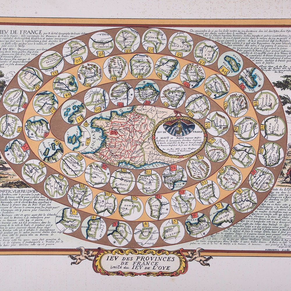 French Jeu de L'oie/ Goose game dated 1691 19th reprint: The Game of the Goose or Goose game is a board game where two or more players move pieces around a track by rolling one or two dice. The aim of the game is to reach square number sixty-three before an