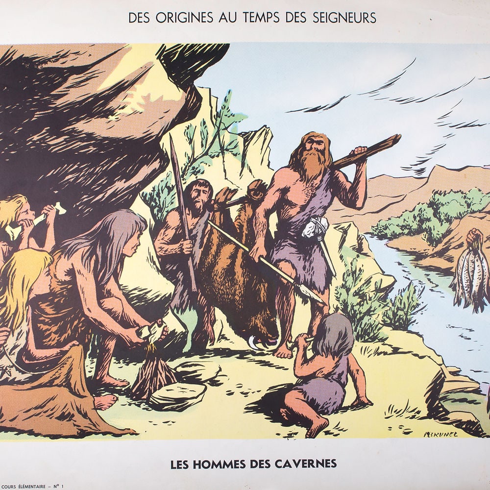 Vintage History french School Poster, Georges Lang 1 and 5 circa 1950: Original educational history poster for elementary school, printed by the Imprimerie Georges Lang. Carries a vibrant offset print on both sides of the paper. This features No.1and 5 from the Tableaux 