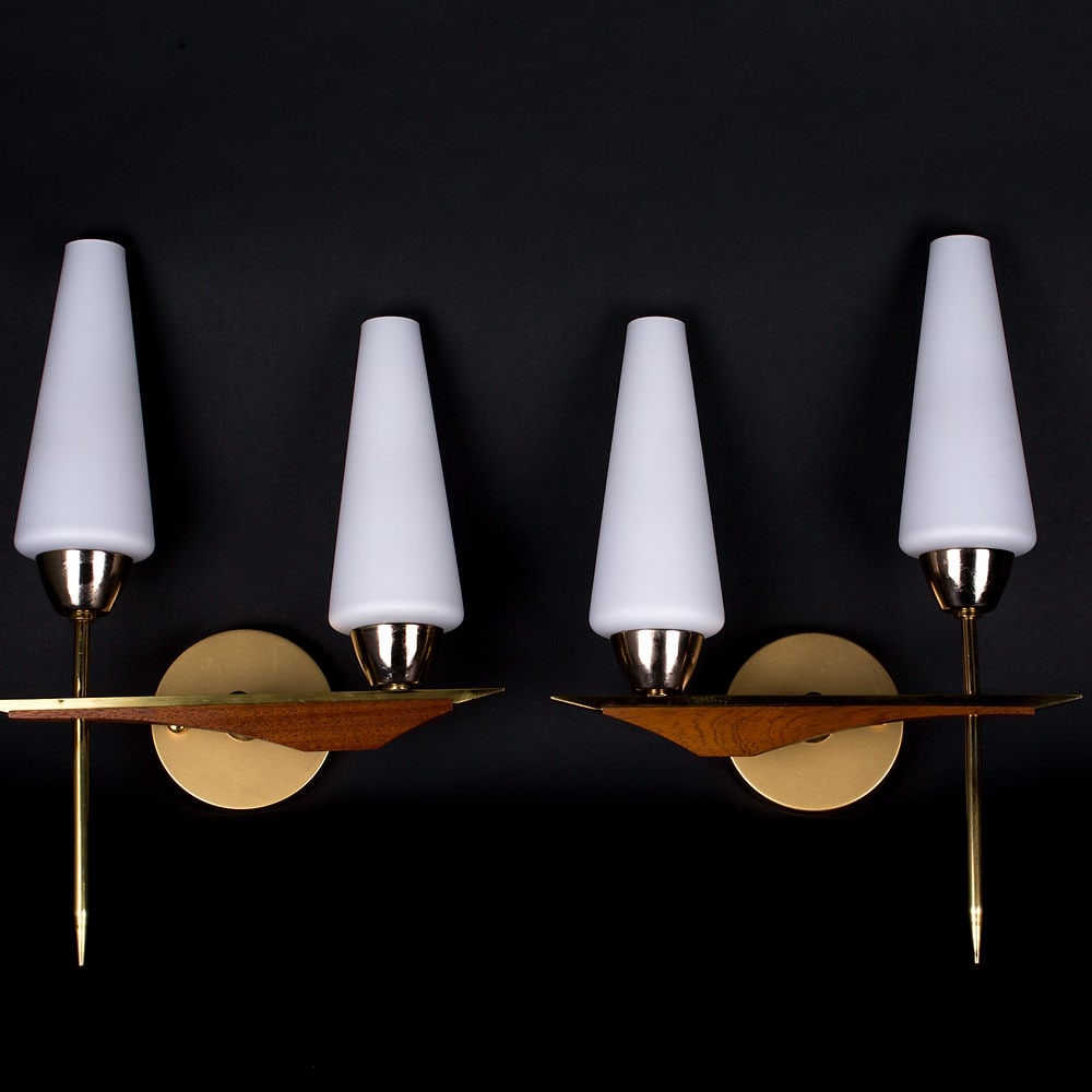 pair of Sconces maison Lunel French mid century: Raymond Lunel started Edition lunel in 1950 , the use of opaline , precious wood and brass is congruent with his production .Working in close collaboration with the like of Guariche and Mathieu his tr