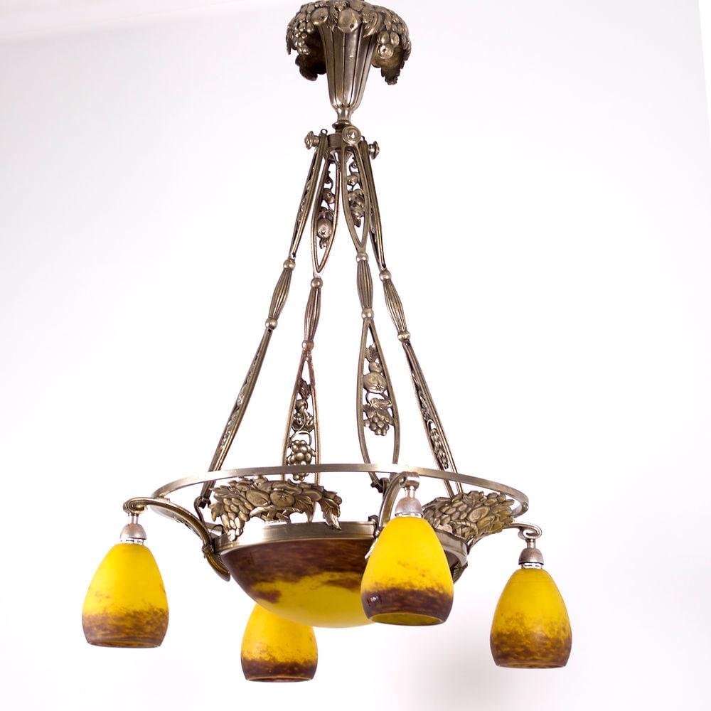 FRENCH Art-Deco Chandelier 4 lights Degue David Guéron brass frame (1 of 9)