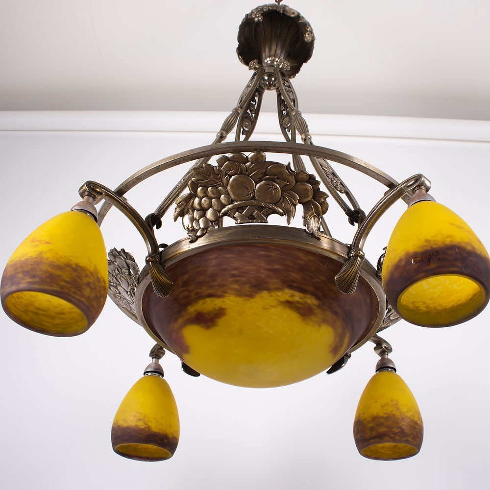FRENCH Art-Deco Chandelier 4 lights Degue David Guéron brass frame - 2