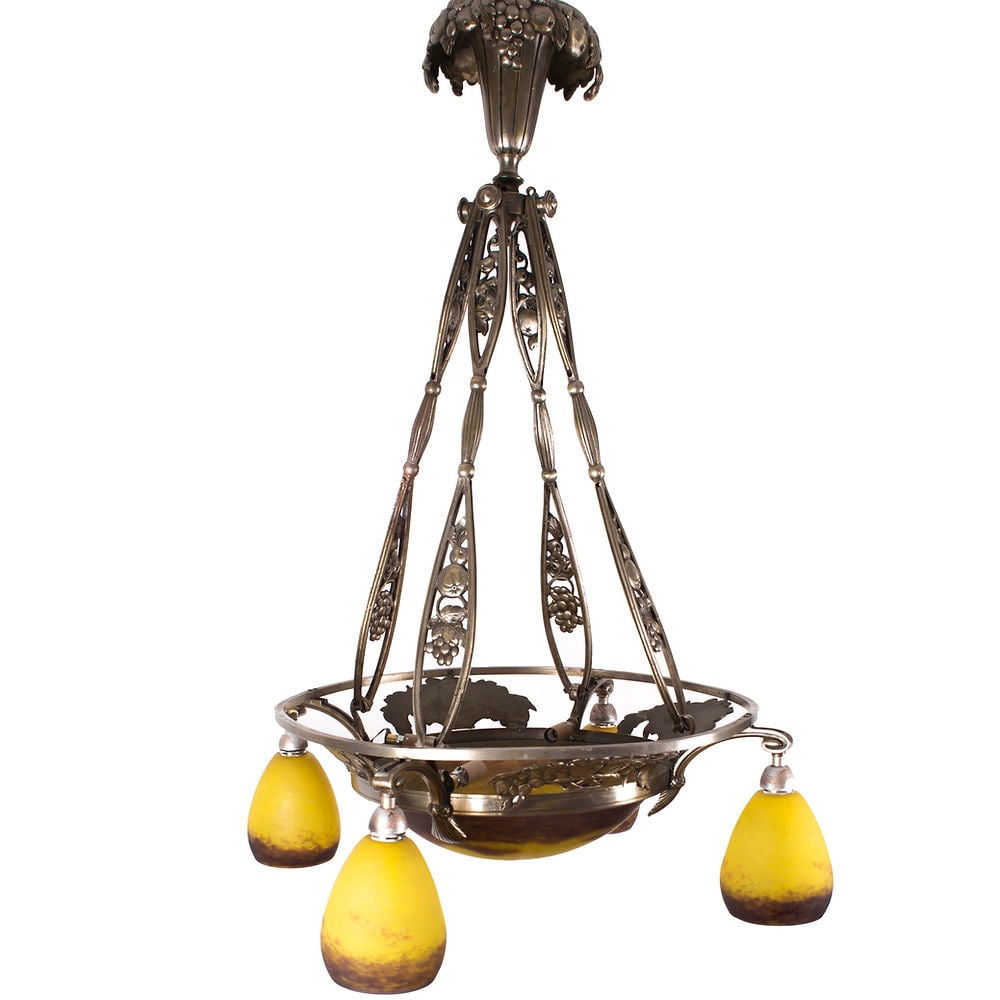 FRENCH Art-Deco Chandelier 4 lights Degue David Guéron brass frame - 6