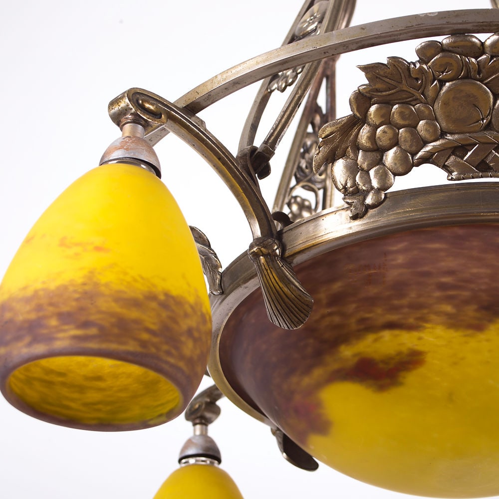 FRENCH Art-Deco Chandelier 4 lights Degue David Guéron brass frame - 7