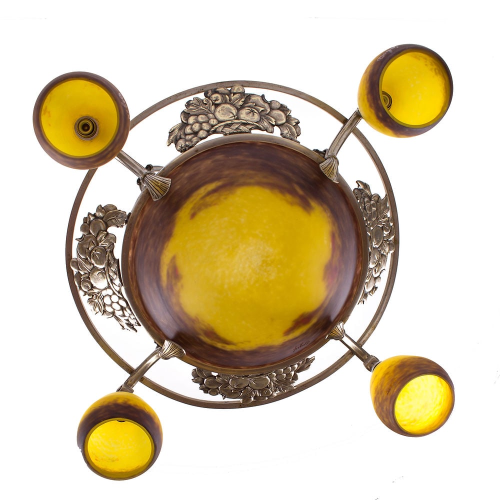FRENCH Art-Deco Chandelier 4 lights Degue David Guéron brass frame - 8