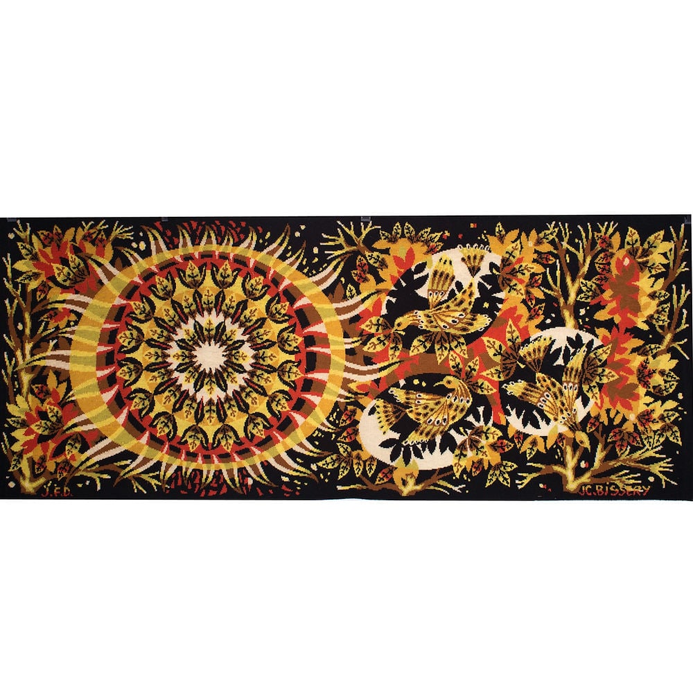 Bissery mid century wool tapestry modernist " Aurore " dawn Jacquard: JC BISSERY, editor J LAURENT editeur Aurore TAPESTRY ( dawn tapestry ) mecanical point, hand signed by the artist and the publisher, Bissery is associated on an equal footing with Picart-Ledoux. Both 