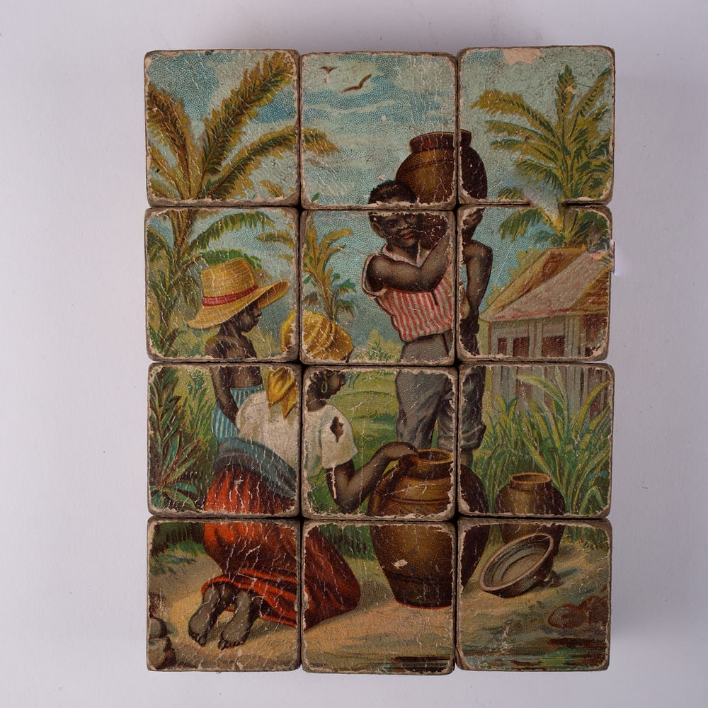 French wood cube puzzle chromolithography racially charge subject 19th. - 2
