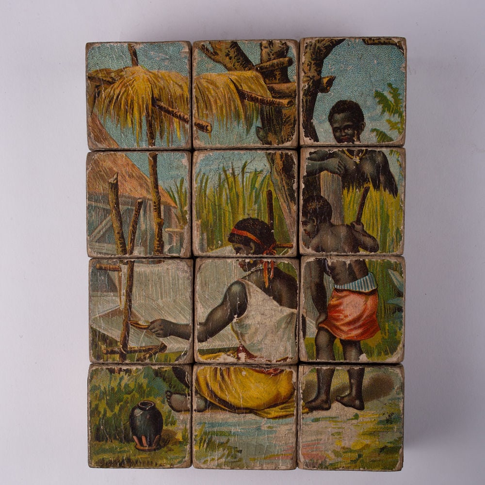 French wood cube puzzle chromolithography racially charge subject 19th. - 7