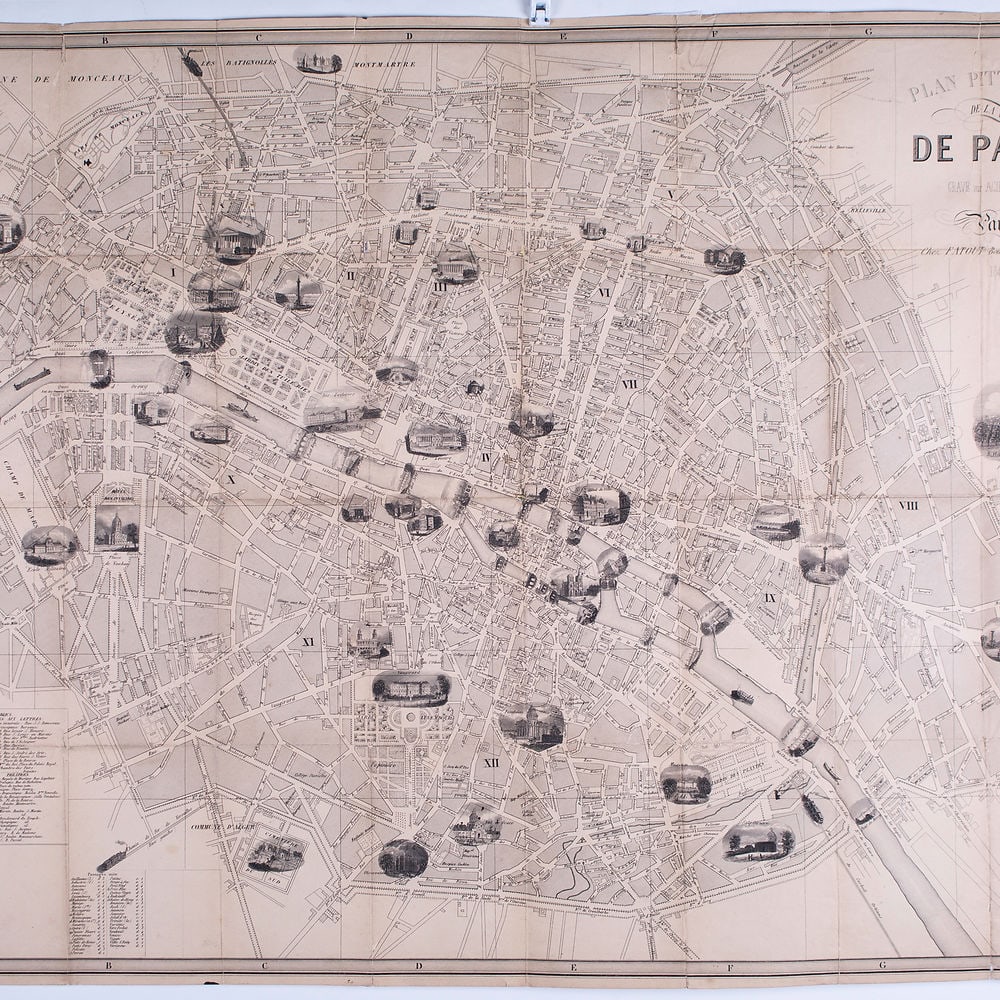 1843 FRENCH ANTIQUE MAP OF PARIS Fatout Vuillemin: 1843 LARGE FRENCH ANTIQUE MAP OF PARIS , Fatout editeur Vuillemin vignette; large French map of Paris circa 1843 edited by “Fatout éditeur Boulevard Poissoniere 17 ”, Alexandre Vuille