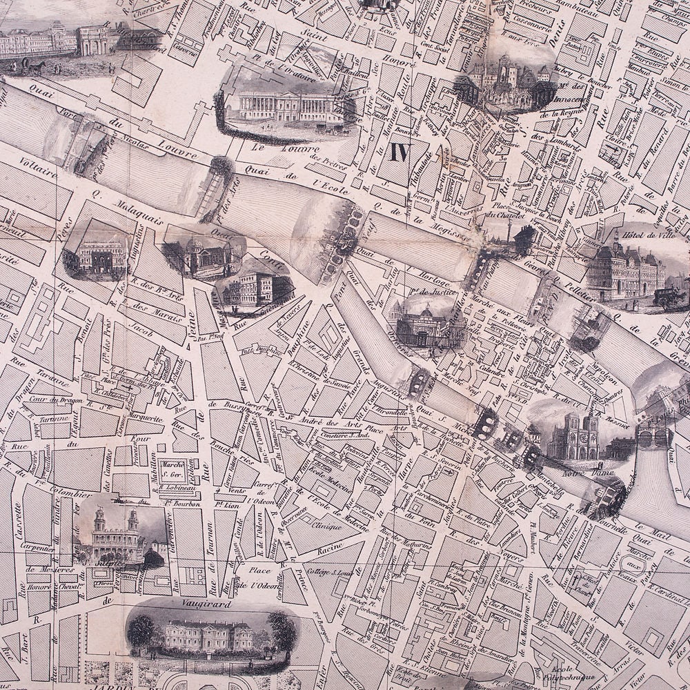 1843 FRENCH ANTIQUE MAP OF PARIS Fatout Vuillemin - 2