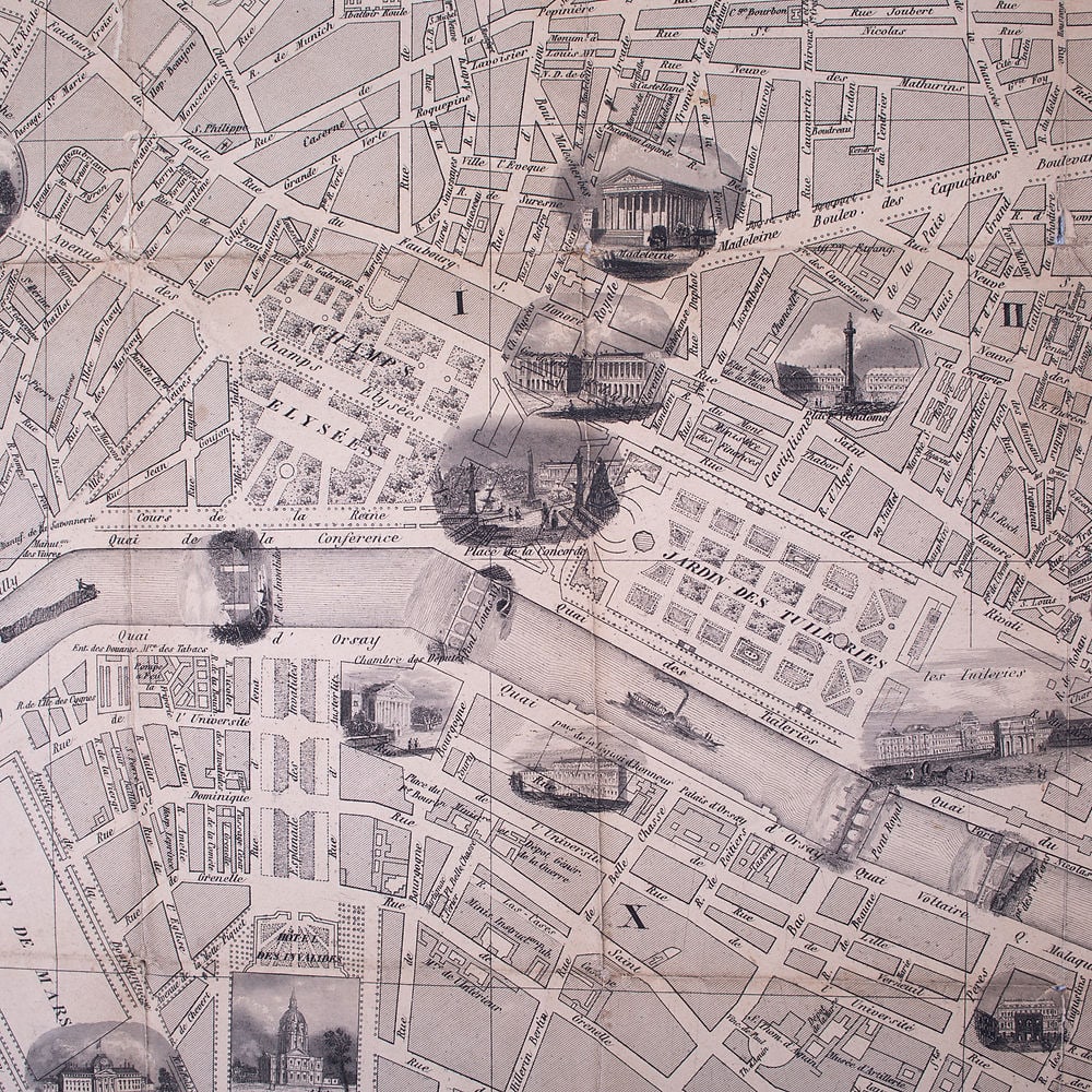 1843 FRENCH ANTIQUE MAP OF PARIS Fatout Vuillemin - 3