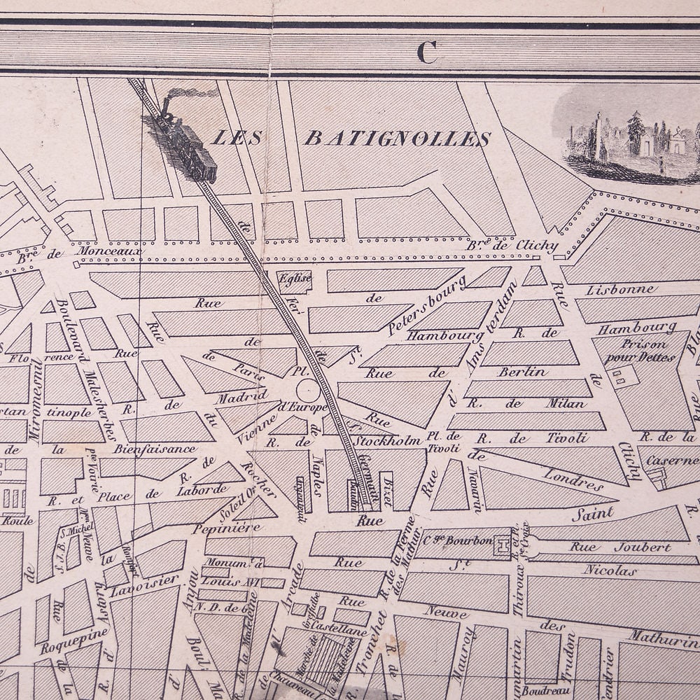 1843 FRENCH ANTIQUE MAP OF PARIS Fatout Vuillemin - 4