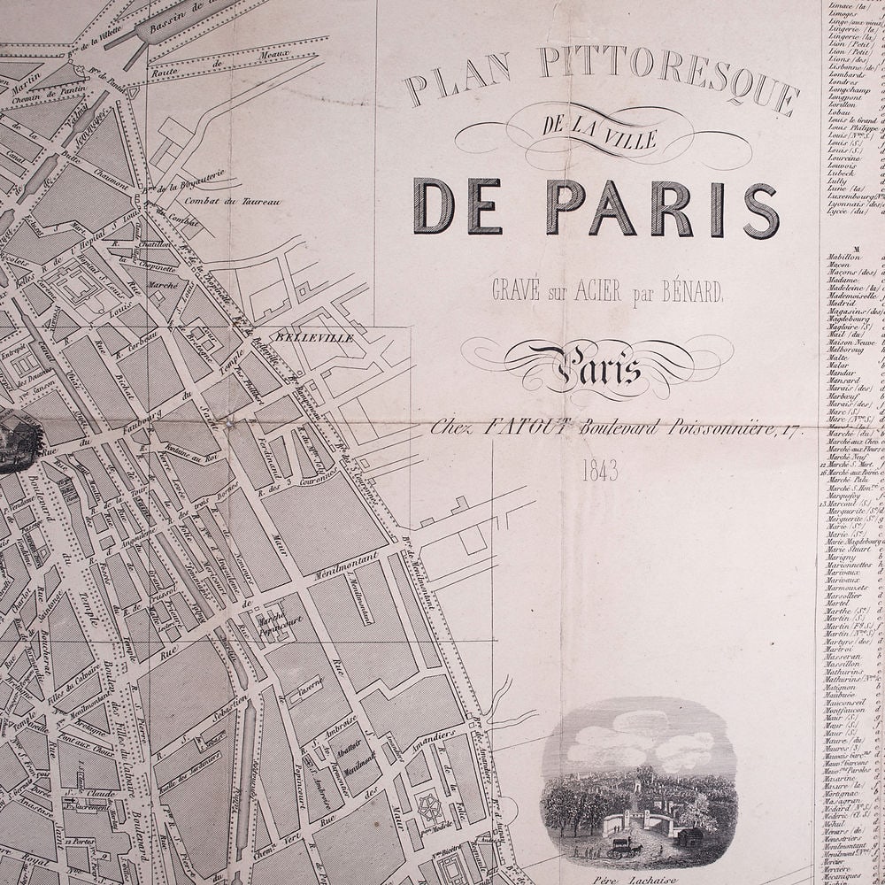1843 FRENCH ANTIQUE MAP OF PARIS Fatout Vuillemin - 5
