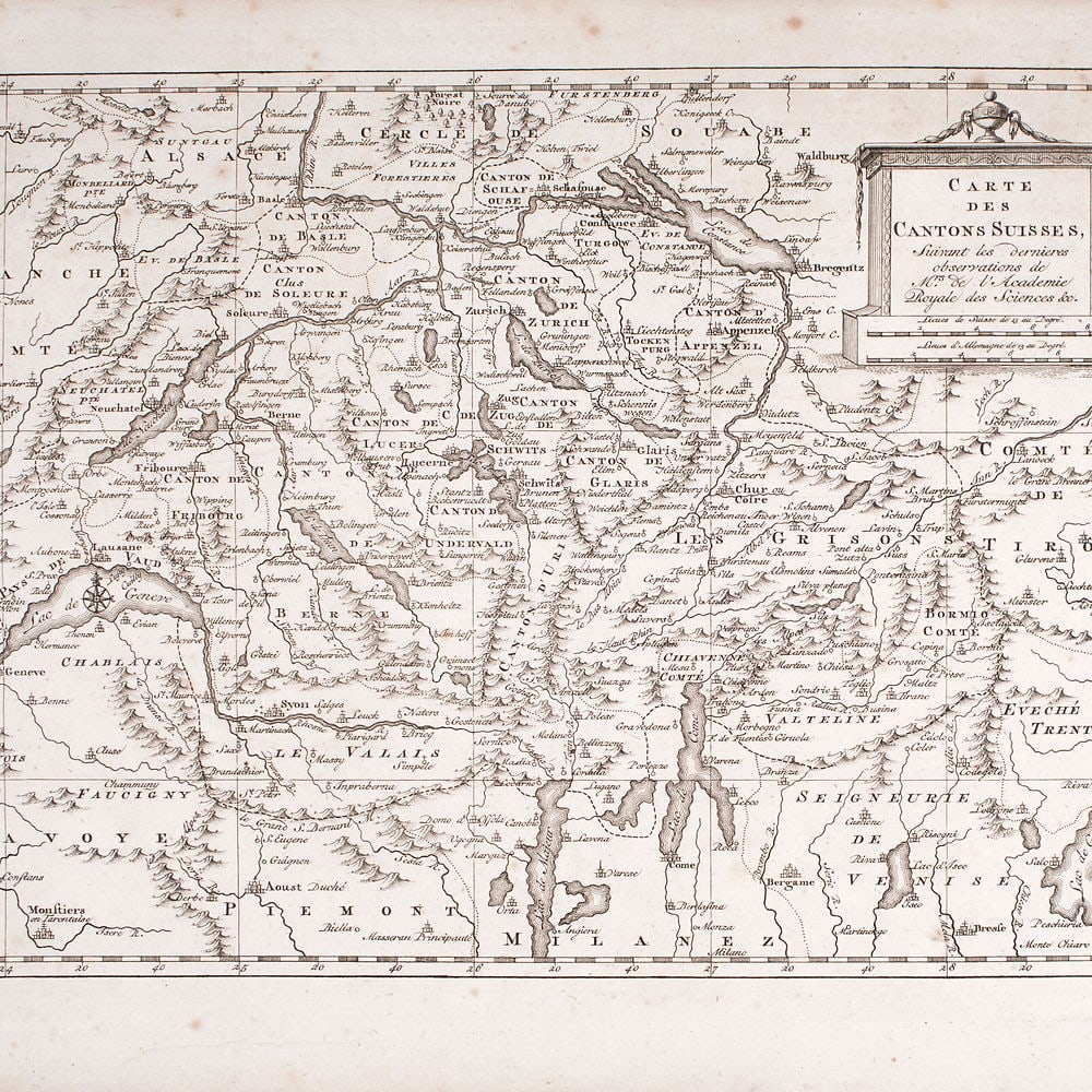 French map of Switzerland published by Bonne late 18th.: Rigobert Bonne (6 October 1727 – 2 September 1794) work represents an important step in the evolution of the cartographic ideology away from the decorative work of the 17th and early 18th centur