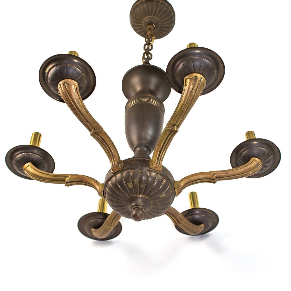 FRENCH Art Deco CHANDELIER Brass and bronze Sue et Mare: FRENCH Art Deco CHANDELIER Brass and bronze Sue et Mare; Made in France in the early 1920's this Chandelier is traditional art deco with a use of classic empire inspiration , regional company used to