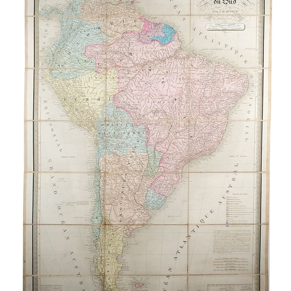 Large Antique French 1863 A.H.Dufour Map of South America Linen back: Auguste Henri Dufour, born in Paris in 1795 and died in 1865, is a French geographer.He studied with Lapie and worked with him on several maps of the Depot de la Marine. In 1824, he published for the 