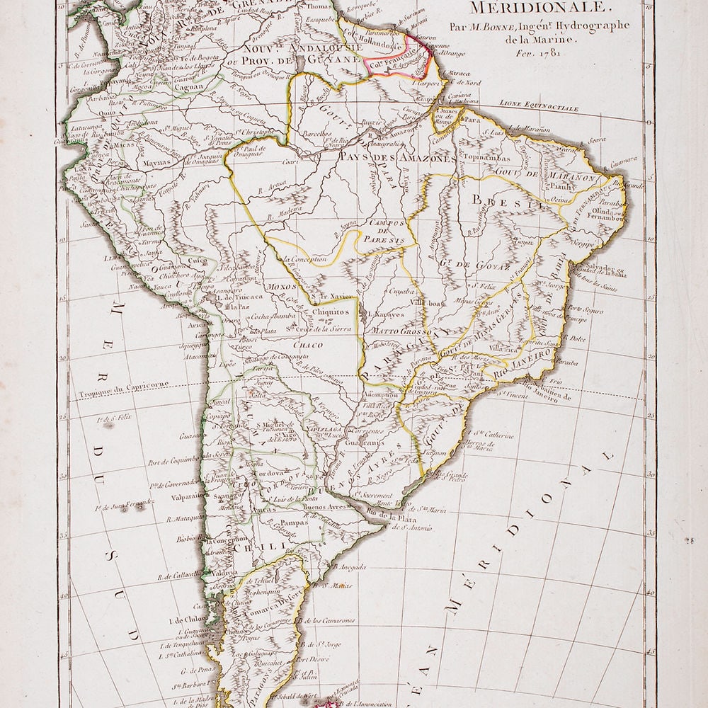 French map of South America published by Bonne 1781: Rigobert Bonne (6 October 1727 – 2 September 1794) work represents an important step in the evolution of the cartographic ideology away from the decorative work of the 17th and early 18th centur