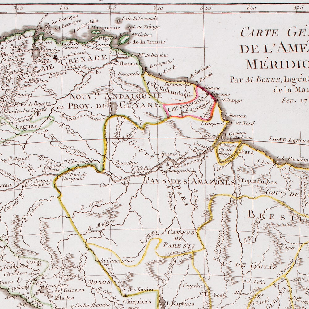 French map of South America published by Bonne 1781 - 2