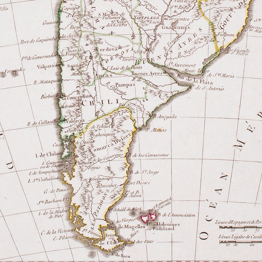 French map of South America published by Bonne 1781 - 3
