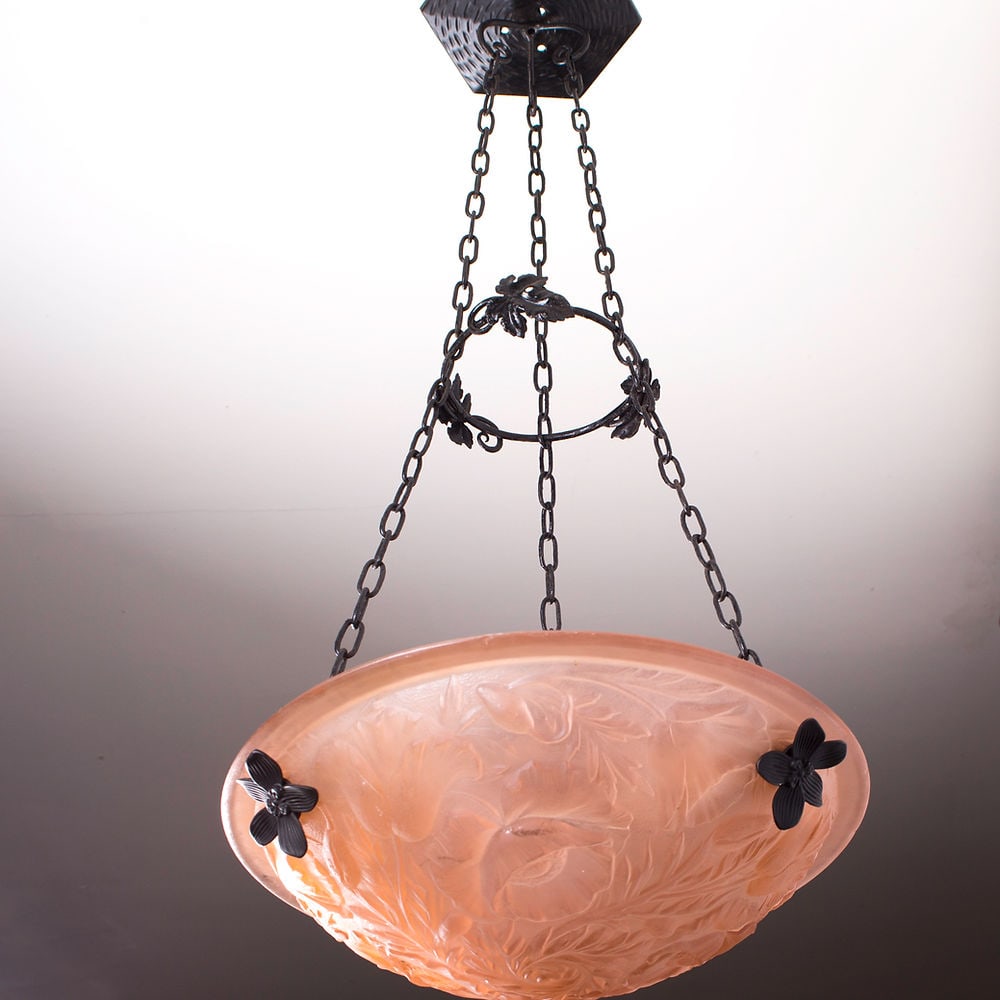 FRENCH ART DECO CHANDELIER GLASS MULLER poppy flower motive salmon: This chandelier, crafted in France during the late 1920s to early 1930s, is an unsigned piece by the Muller brothers , whose renowned work was highly desired for their chandeliers and art glass pieces
