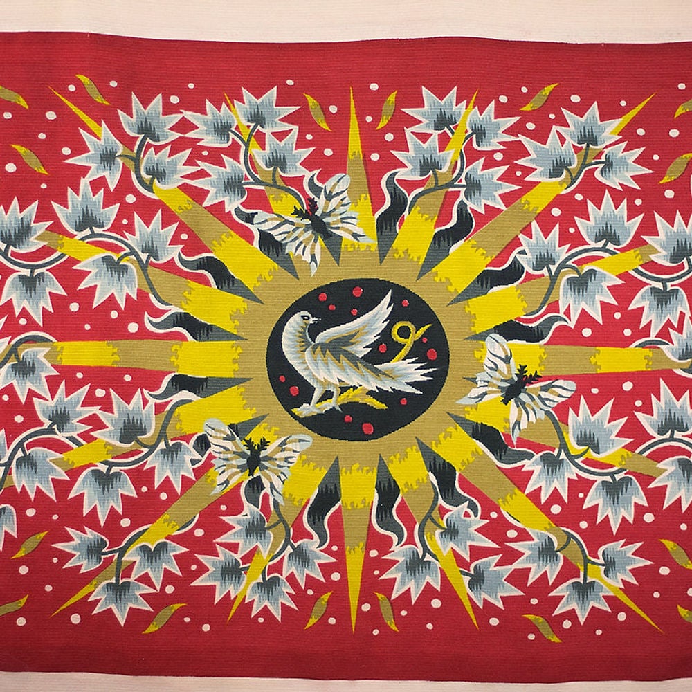 FRENCH TAPESTRY JEAN PICART LEDOUX MODERNIST Soleil d'ete: Created in France in the 1950 this cotton tapestry reflect the democratic desire of that time to produce affordable art . Neo fantastic and influenced by the cubist movement Picart Ledoux tapestry use