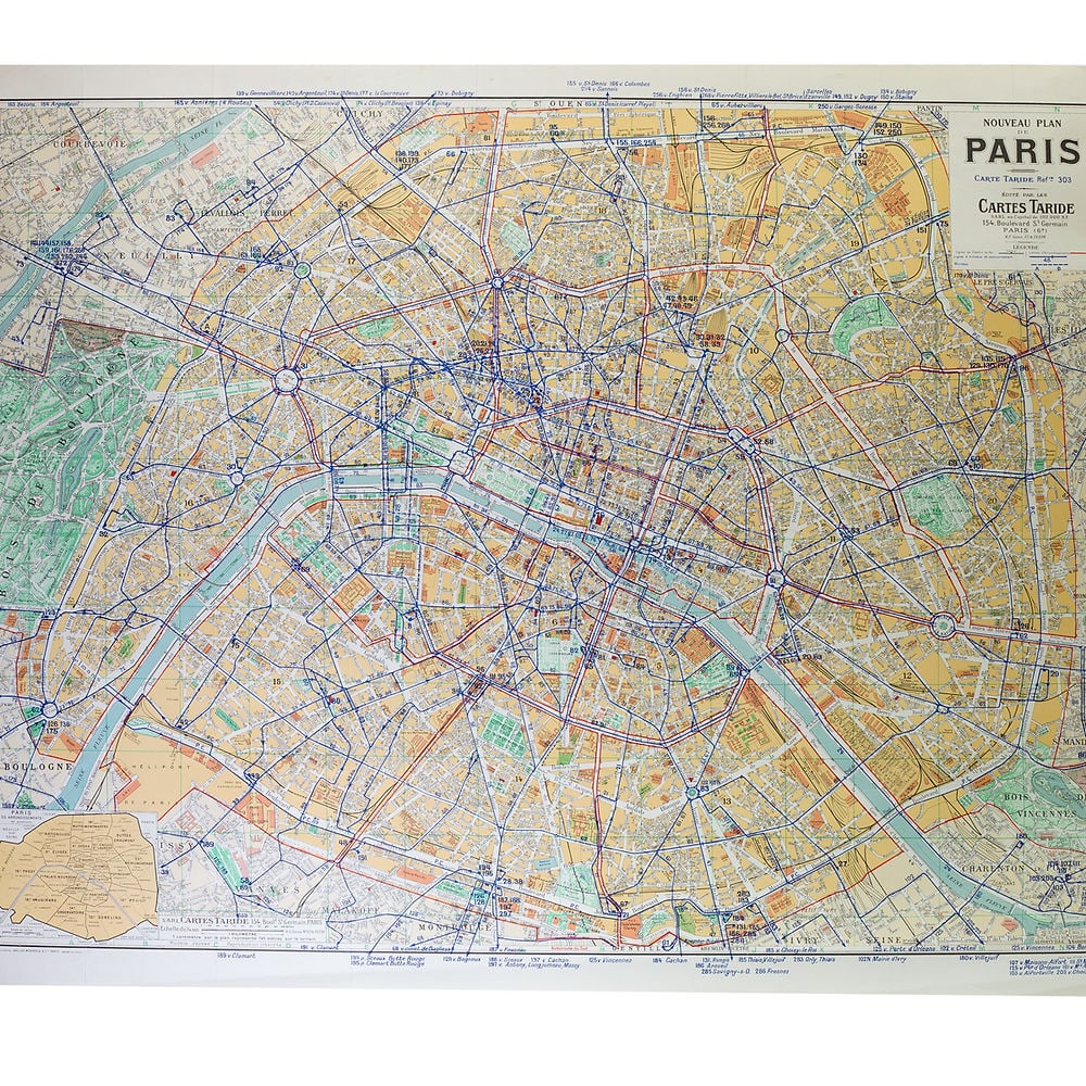 Paris bus stop map with numbered lines 1953 Tarride: Large Paris bus stop map with numbered lines edited by Tarride circa 1953 , The Taride publishing house was created in 1852 by Alphonse Taride who was one of the first to make road, tourist and school