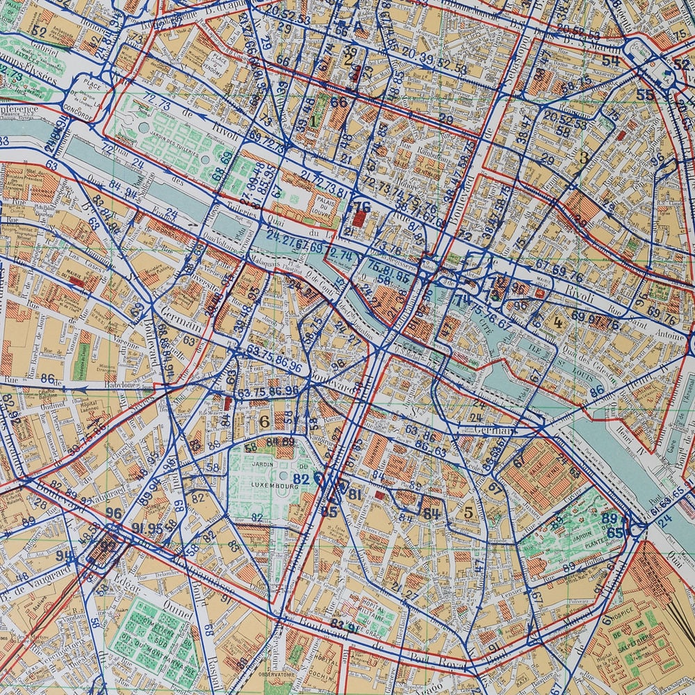 Paris bus stop map with numbered lines 1953 Tarride - 2