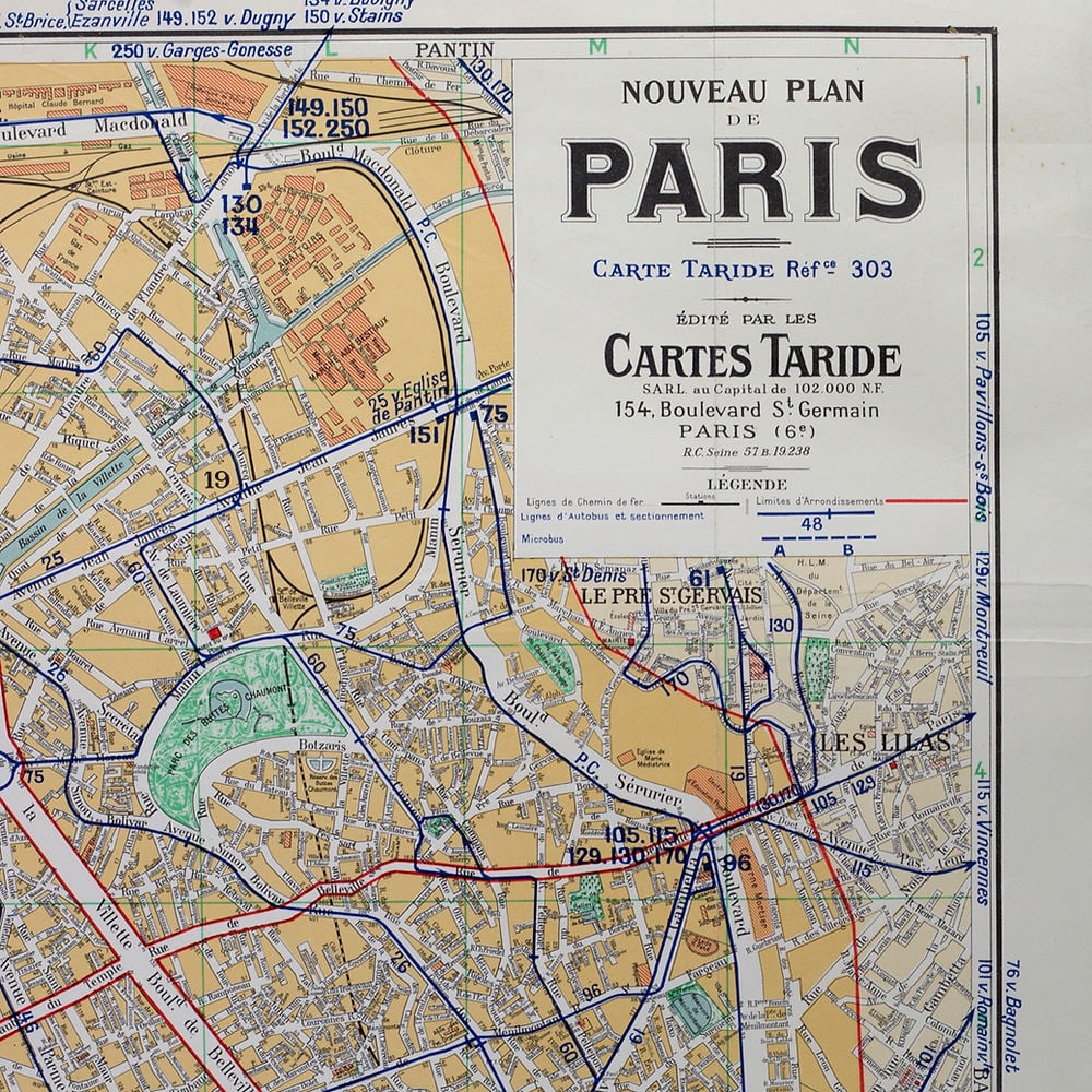 Paris bus stop map with numbered lines 1953 Tarride - 4