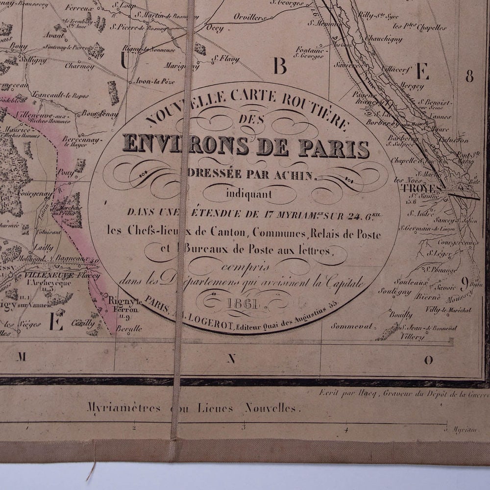 French map Logerot Environ de Paris 1861 on linen - 2