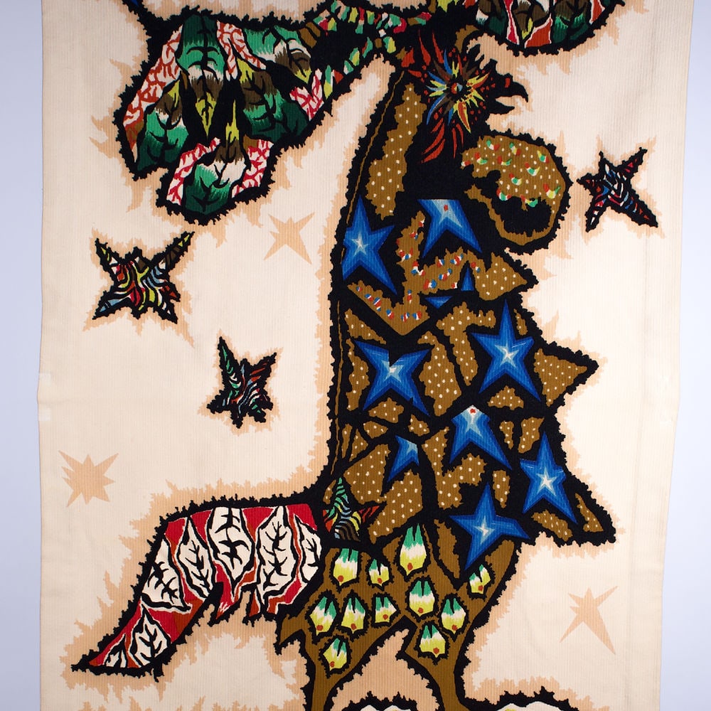 FRENCH hand silkscreen tapestry JEAN Lurcat COROT "le tapageur": Made in France in the 1950 this silkscreen tapestry reflect the democratic desire of that time to produce affordable art . Influenced by the Neo fantastic and surrealist movement Jean Lurcat tapestry 