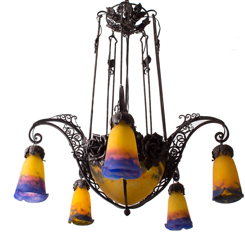 French Art-Deco marmoreal Chandelier Muller Freres grande verrerie de Croismar: Made in France in the late 1920's early 1930's, this chandelier is signed Muller grande verrerie de Croismare whose renowned work was highly desired for their chandeliers and art glass pieces. However