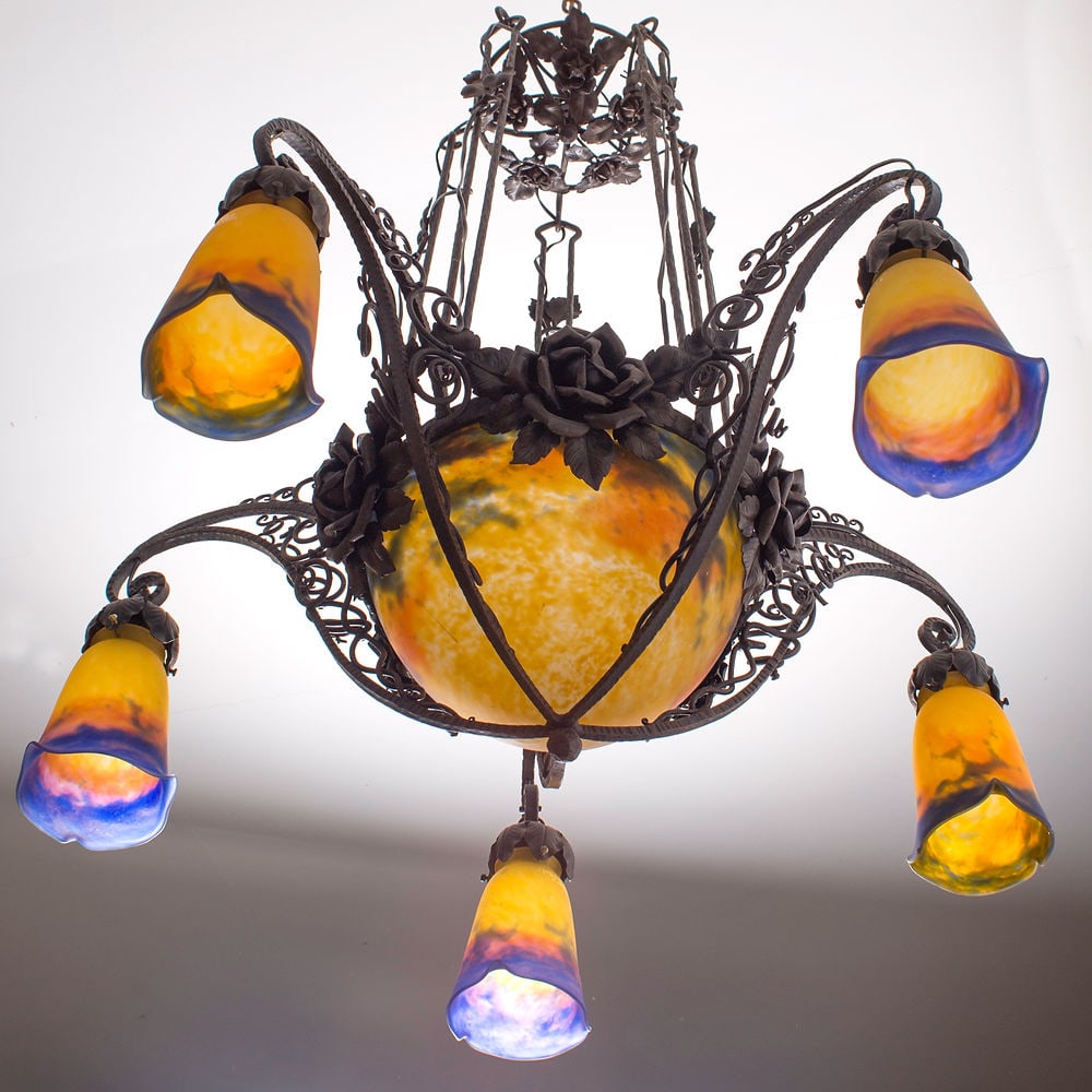 French Art-Deco marmoreal Chandelier Muller Freres grande verrerie de Croismar - 4