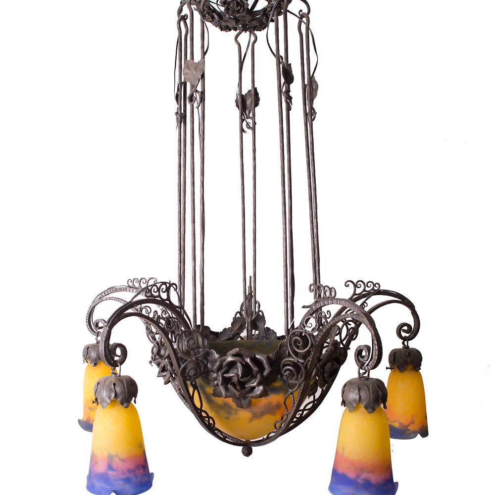French Art-Deco marmoreal Chandelier Muller Freres grande verrerie de Croismar - 5