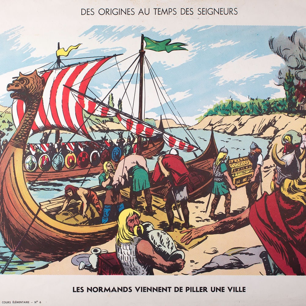 Vintage History French School Poster, Sudel , plate 6 and 2 double side1950: Original educational history poster for elementary school, printed by the Imprimerie Georges Lang. Carries a vibrant offset print on both sides of the paper. This features No.2 and 6 from the Tableaux